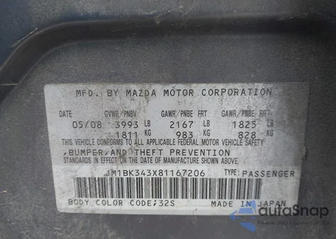 2008 Mazda Mazda3 S Touring z USA, uszkodzony, nr VIN JM1BK343X81167206